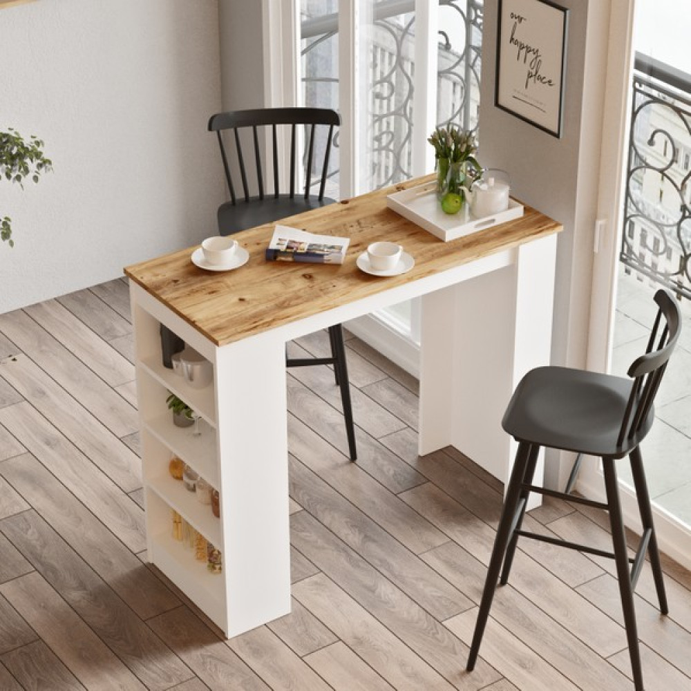 L'occi Concept Lowa 120 cm Raflı Bar Masası Yemek Masası Mutfak Masası Çam-Beyaz Lw1-AW Yemek & Mutfak Masası Fiyatı