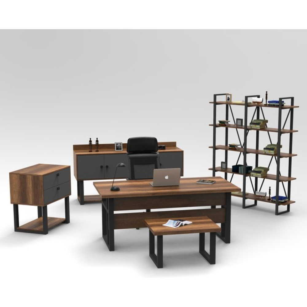 L'occi Concept March ABCDE Metal Ofis Masa Sehpa Keson Konsol Kitaplık 5'li Büro Takımı Barok-Gri - Akçaağaç - 180 x 90 cm Çalışma Masası Fiyatı