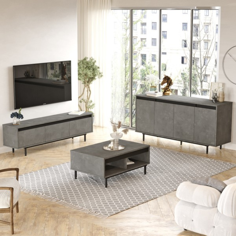 L'occi Concept Owen Tv Ünitesi Orta Sehpa Konsol Metal Ayaklı 3'lü Set Beton-Siyah OW34-RL Tv Ünitesi / Sehpası Fiyatı