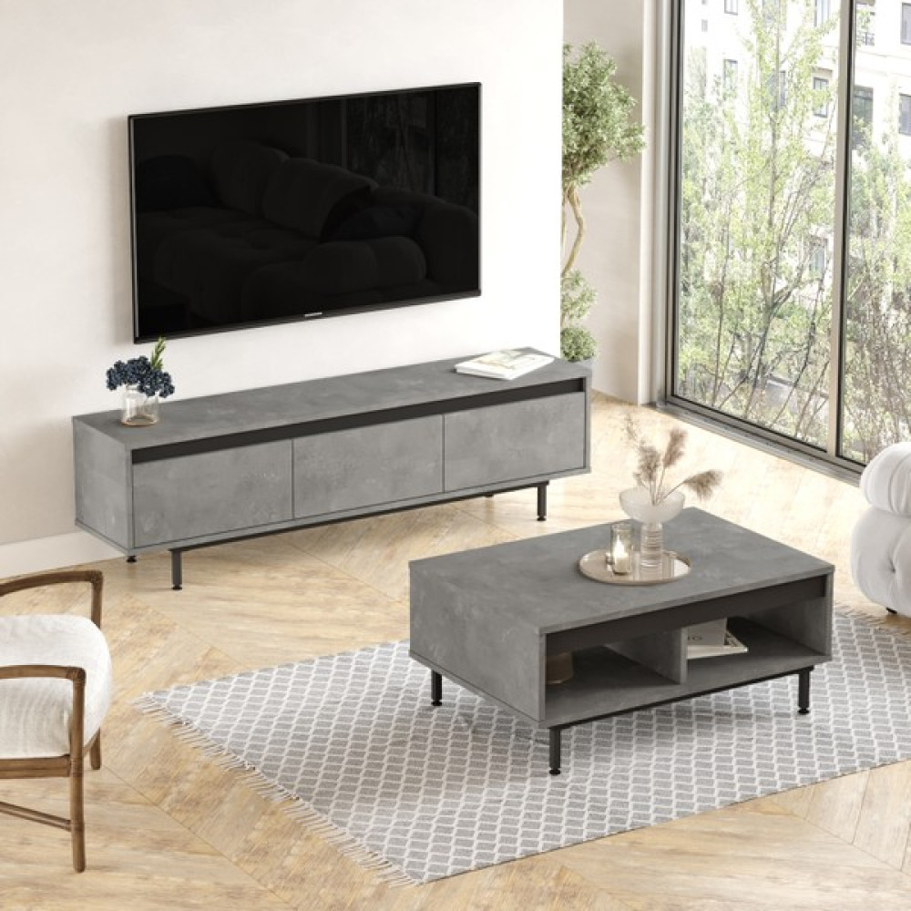 L'occi Concept Owen Tv Ünitesi Orta Sehpa Metal Ayaklı 2'li Set Beton-Siyah OW33-RL Tv Ünitesi / Sehpası Fiyatı