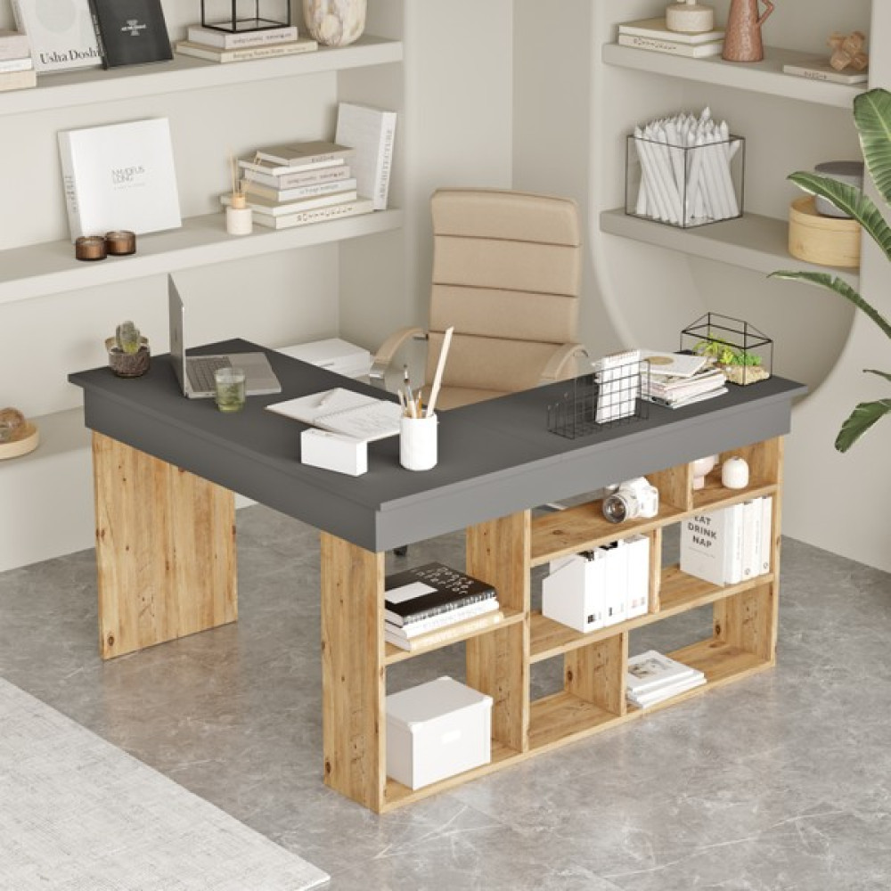 L'occi Concept Tyler Çalışma Bilgisayar Ofis Raflı Kitaplık Laptop masası Gri Çam-Antrasit - Y: 71 cm D: 51 cm G: 120 cm - Çam Çalışma Masası Fiyatı
