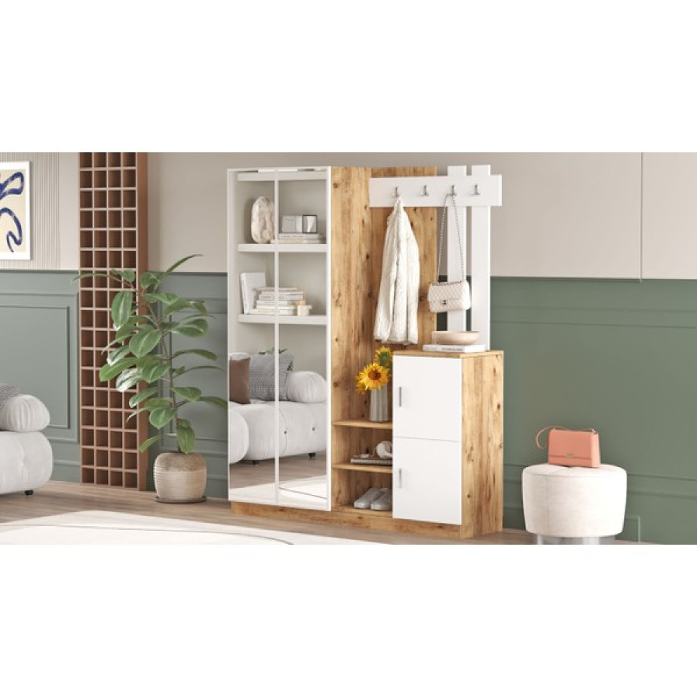 L'occi Concept Wood Aynalı Askılı Kapaklı Vestiyer Portmanto Ayakkabılık Çam-Beyaz Portmanto Fiyatı