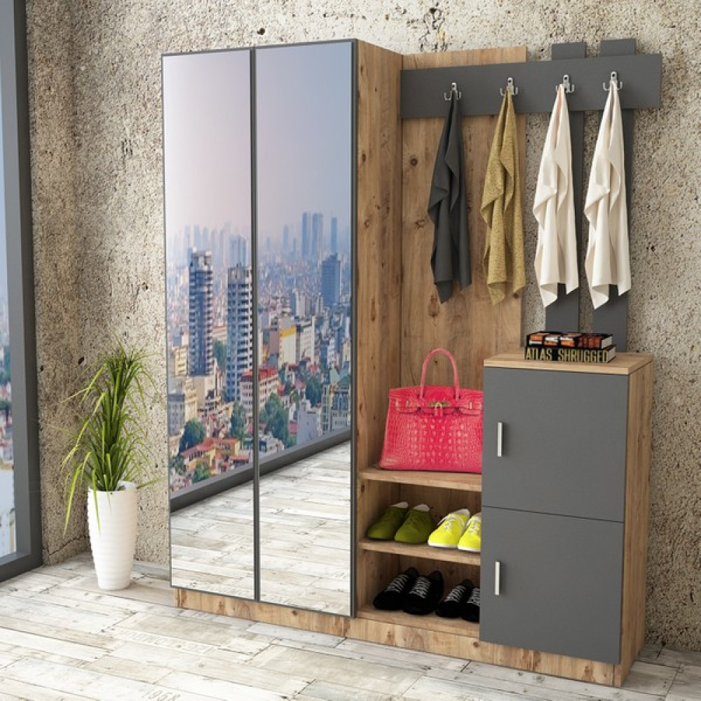 L'occi Concept Wood Aynalı Askılı Kapaklı Vestiyer Portmanto Ayakkabılık Çam-Gri Portmanto Fiyatı