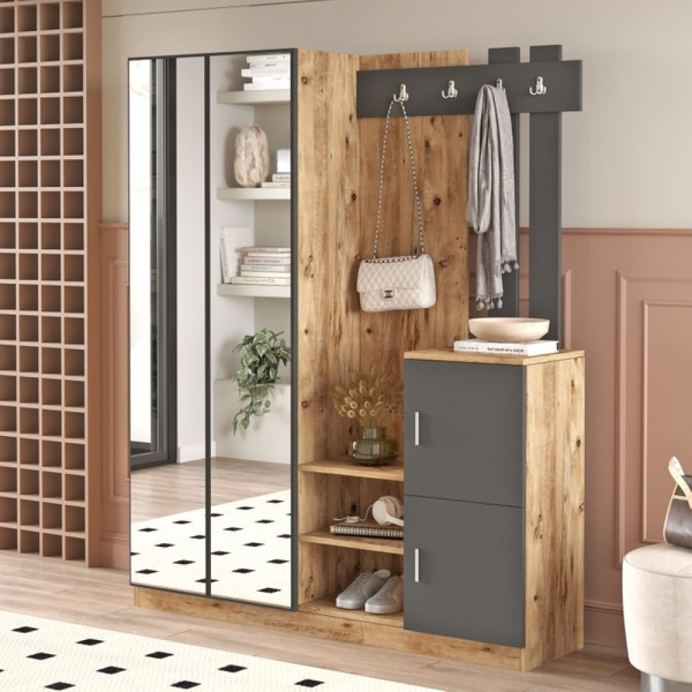 L'occi Concept Wood Aynalı Askılı Vestiyer Portmanto Ayakkabılık Çam-Antrast Gri Portmanto Fiyatı