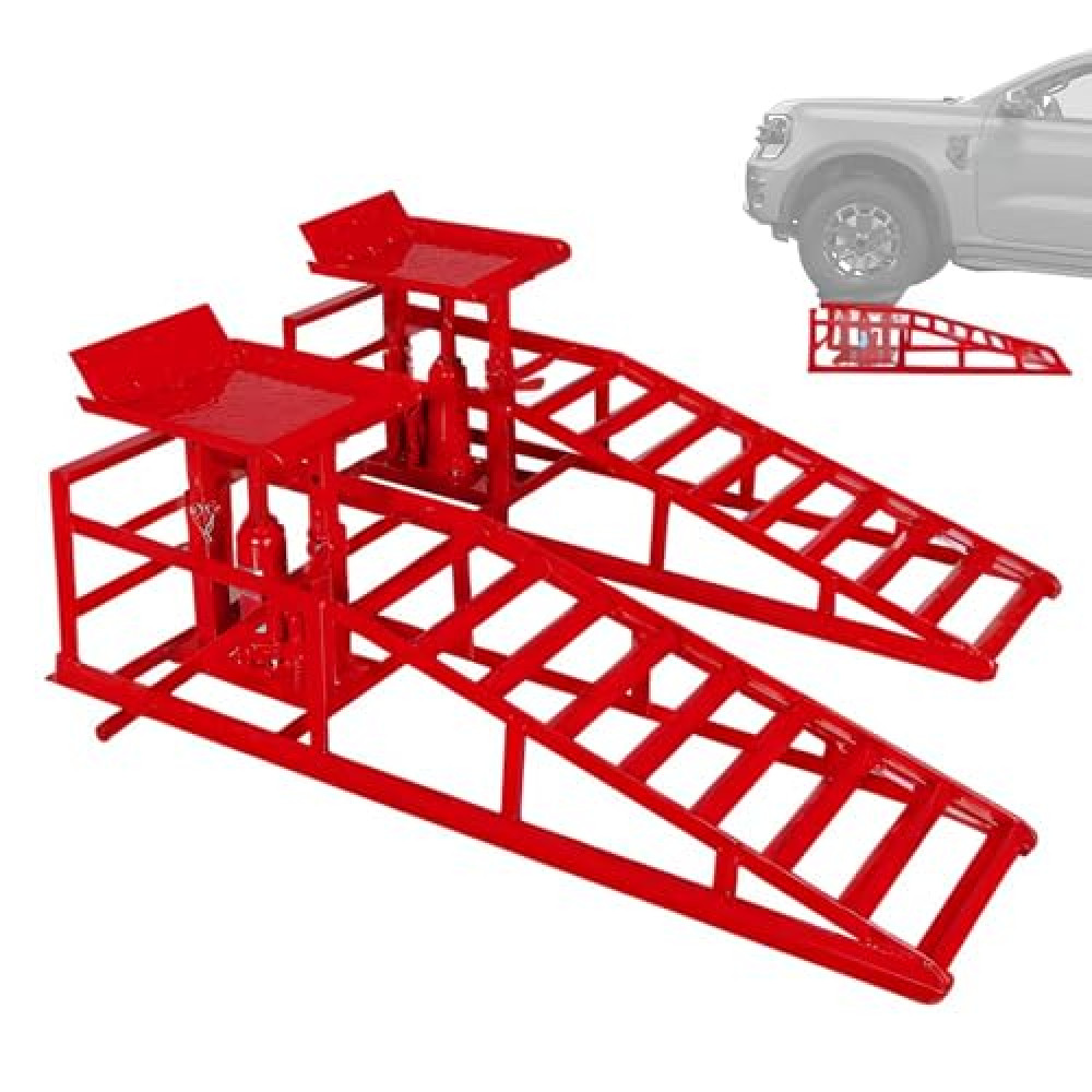 LOCKIETTA 2 Pack Hydraulic Car Ramps, 11050LBS 5T Car Ramp High Lift 9"-14.2", Heavy Duty Steel Car Lift Ramp, Automotive Truck Service Ramps for Oil Changes Support Jack for Maintenance, Red