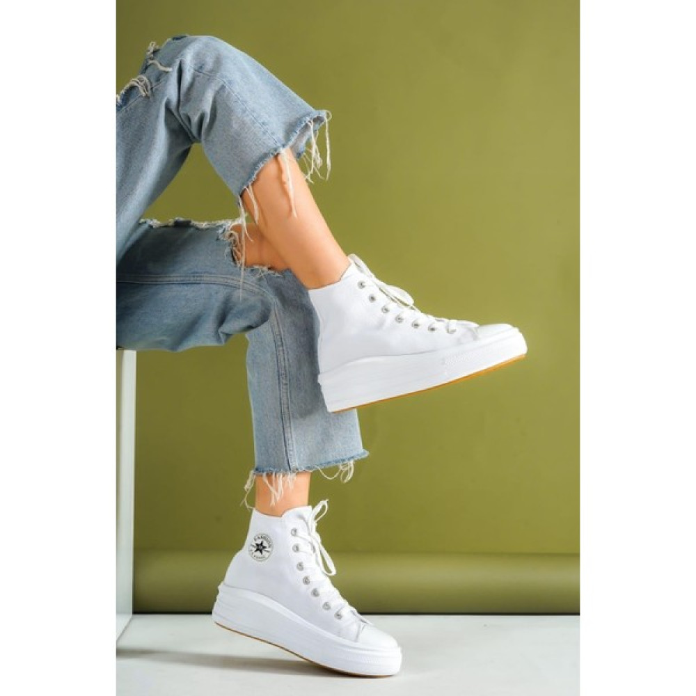 Lofty Kadın Beyaz Rahat Bilekli Keten Günlük Spor Kalın Tabanlı -5cm- Bağcıklı Sneaker Ayakkabı Spor Ayakkabı Fiyatı