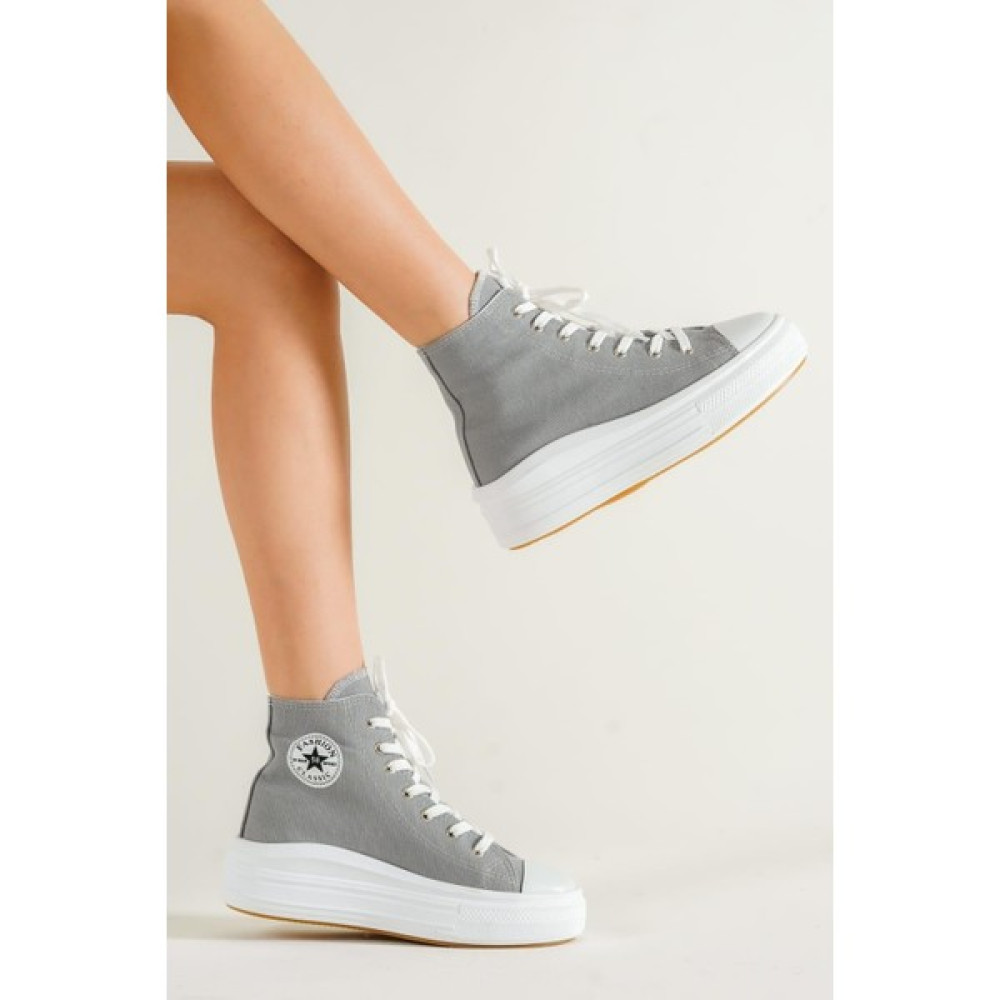 Lofty Kadın Gri Rahat Bilekli Keten Günlük Spor Kalın Tabanlı -5cm- Bağcıklı Sneaker Ayakkabı Spor Ayakkabı Fiyatı