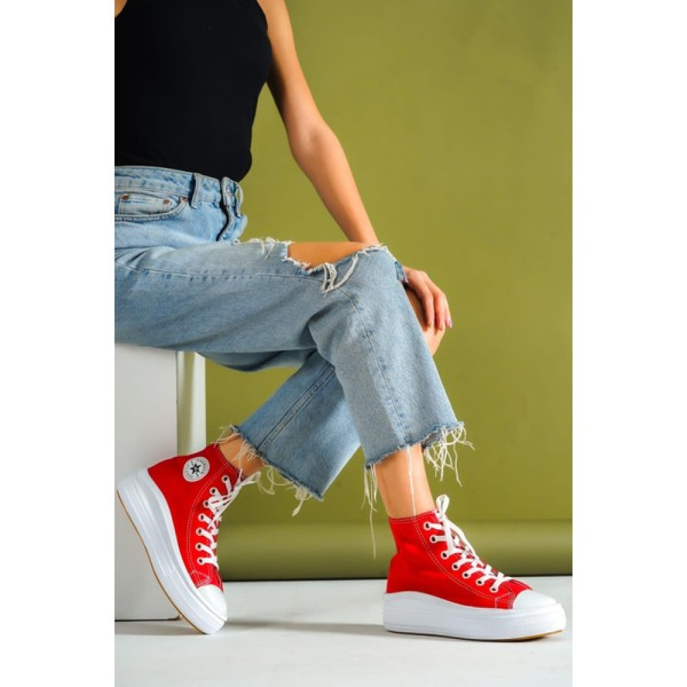 Lofty Kadın Kırmızı Rahat Bilekli Keten Günlük Spor Kalın Tabanlı -5cm- Bağcıklı Sneaker Ayakkabı Spor Ayakkabı Fiyatı