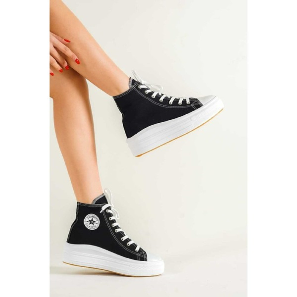 Lofty Kadın Siyah Rahat Bilekli Keten Günlük Spor Kalın Tabanlı -5cm- Bağcıklı Sneaker Ayakkabı Spor Ayakkabı Fiyatı