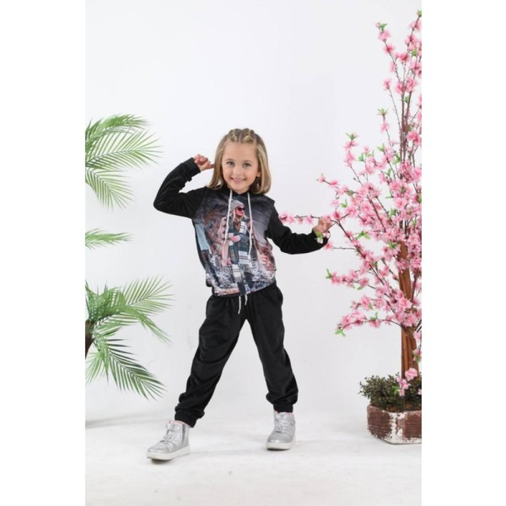 Lolli Boom Kids Kız Çocuk Karakter Baskılı Fransız Kadife Siyah Renk Renk Kapüşonlu Gümüş Kordonlu Eşofman Takımı Kız Çocuk Eşofman Fiyatı