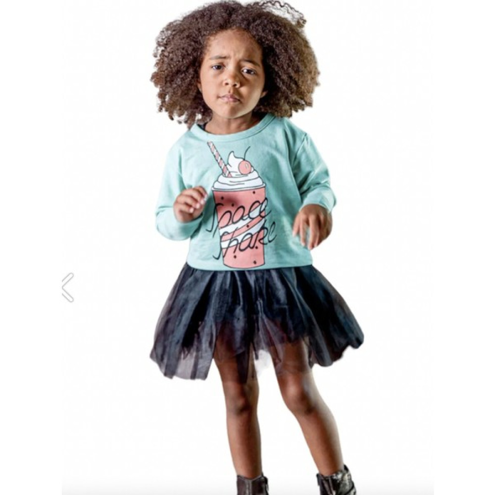 Lolli Boom Kids Kız Çocuk Mint Yeşil Milkshake Baskılı Uzun Kol Crop Tütü Organze Tül Etekli Elbise Son Moda Kız Çocuk Elbise Fiyatı