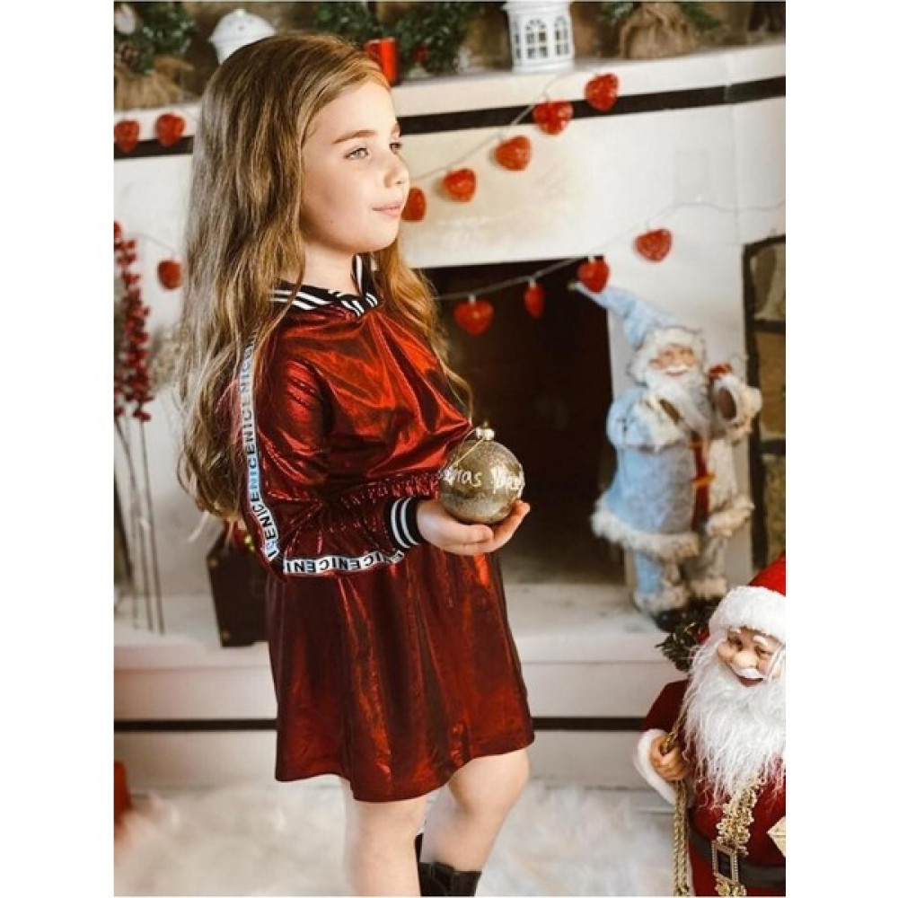 Lolli Boom Kids Kız Çocuk Parlak Simli Kumaş Kol Şerit Detaylı Armalı Kırmızı Renk Bel Lastikli Midi Boy Tarz Elbise Kız Çocuk Elbise Fiyatı