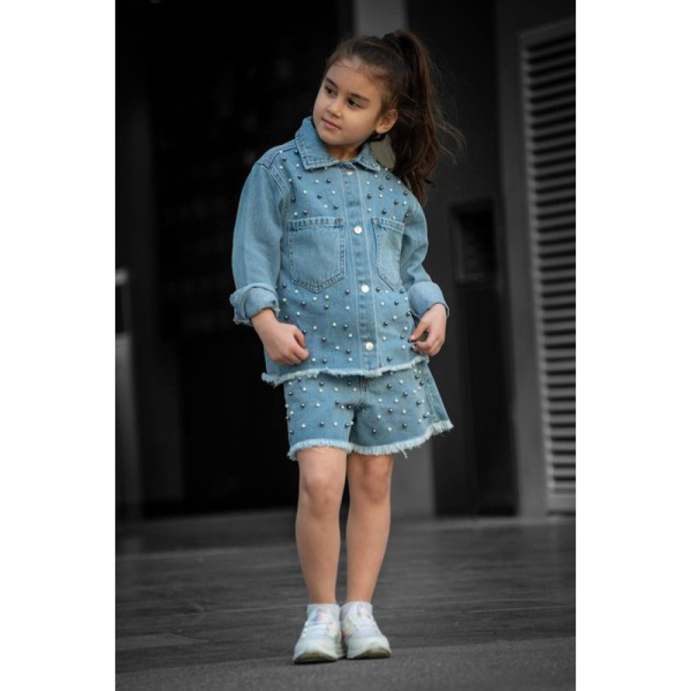 Lolli Boom Kids Yeni Sezon Inci Detaylı Çıtçıt Düğme Kapamalı Kot Ceket - Şort Takım 2 Parça Kız Çocuk Giyim Takımı Fiyatı