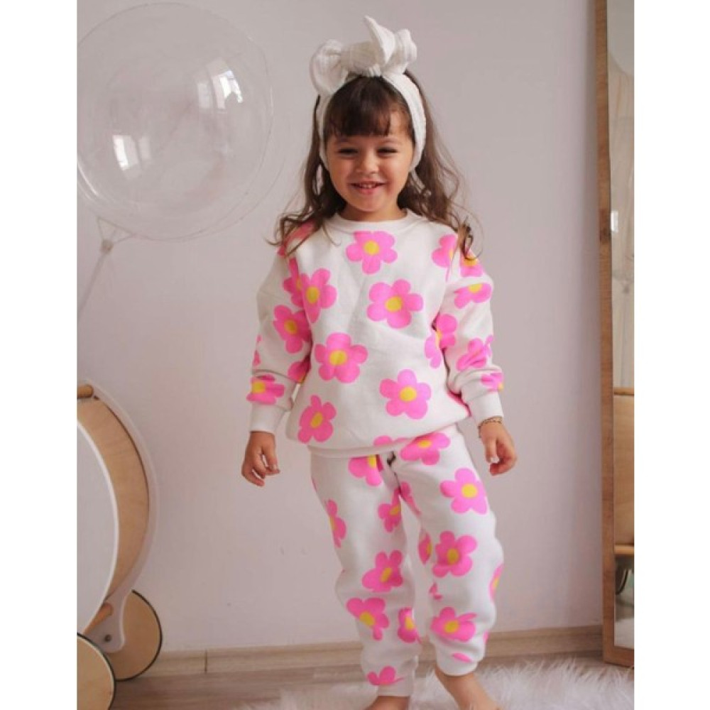 Lolliboom Kids Kız Çocuk 3 Iplik Şardonlu Eşofman Takımı Pembe Çiçek Baskılı Alt Üst Takım Yeni Sezon Kız Çocuk Eşofman Fiyatı
