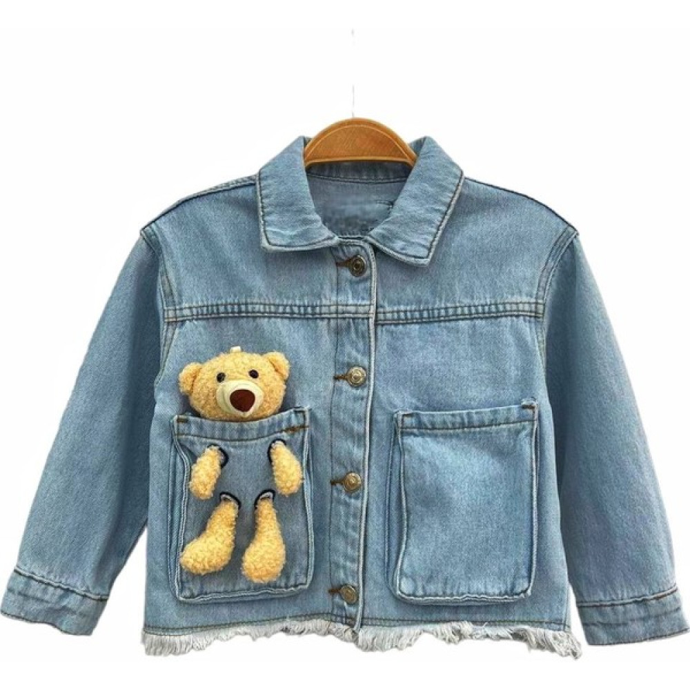 Lolliboom Kids Kız Çocuk Peluş Ayıcık Cep Detaylı Bel Püskül Lazer Kesim Kot Ceket Düğme Kapamalı Bayan Ceket Fiyatı