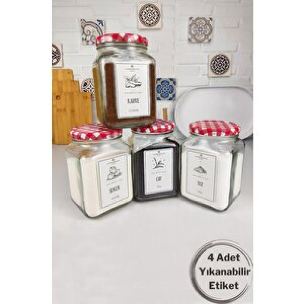 Lombardino Vetro 4'lü Çay - Şeker - Kahve - Tuz Kavanoz Seti Etiketli 1600 Ml Ekose Kapaklı Sh-0011 Eşya Saklama / Düzenleme Fiyatı