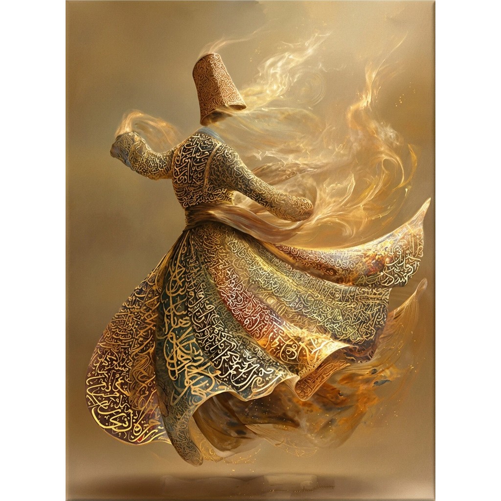 Lona Sanat Altın Detaylı Semazen Kanvas Tablo – Hat Sanatı Sufi Derviş Modern Dekoratif Duvar Tablosu - 50 x 70 Kanvas Tablo Fiyatı