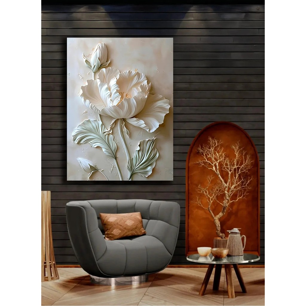 Lona Sanat Beyaz Çiçek Temalı Kabartma Görünümlü Kanvas Tablo %100 Polyester 120 x 60 Kanvas Tablo Fiyatı