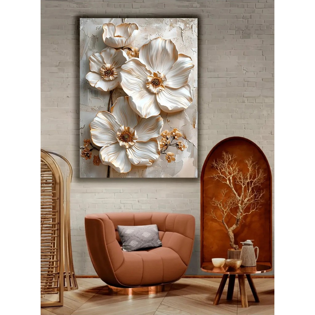 Lona Sanat Krem Beyaz Kabartma Görünümlü Dekoratif Kanvas Tablo %100 Polyester 120 x 80 Kanvas Tablo Fiyatı