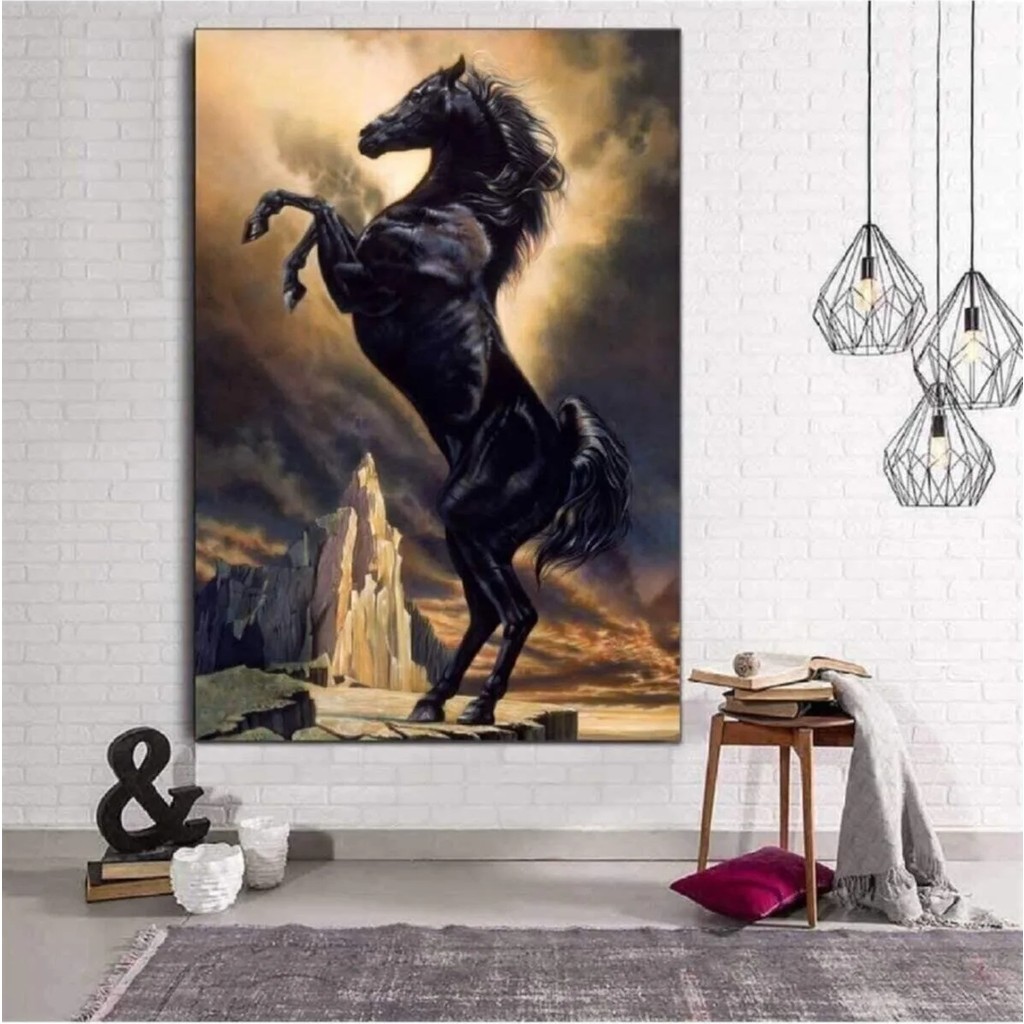 Lona Sanat Premium Kalite Şaha Kalkmış Siyah At Kanvas Tablo %100 Polyester 70 x 100 Beyaz Kanvas Tablo Fiyatı