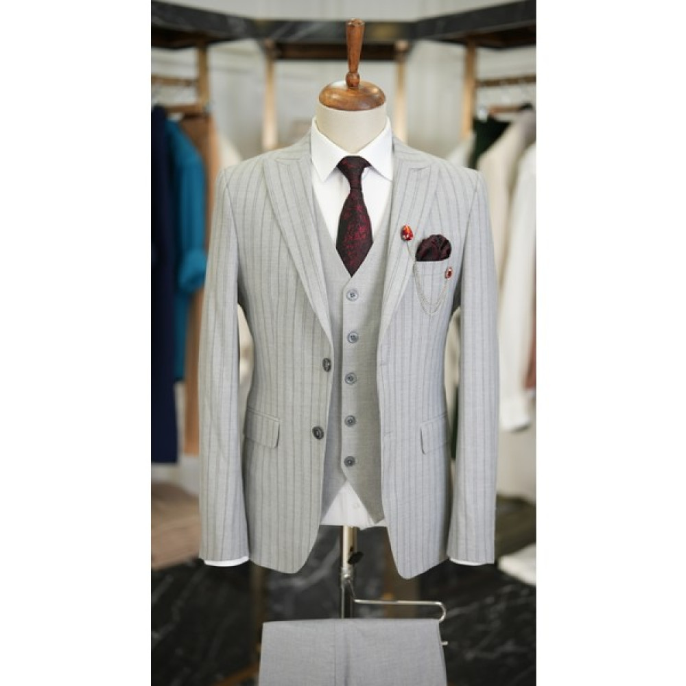 Lonatolia Erkek Çizgili Takım Elbise Kırlangıç Yaka Italyan Kesim Slim Fit Ceket Yelek Pantolon Erkek Takım Elbise Fiyatı