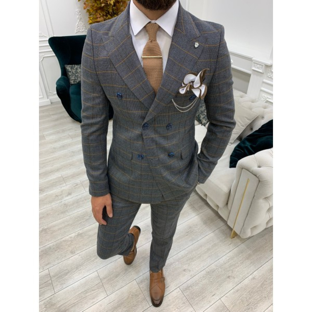Lonatolia Erkek Ekoseli Kruvaze Takım Elbise Italyan Kesim Slim Fit Ceket Pantolon-Antrasit Erkek Takım Elbise Fiyatı