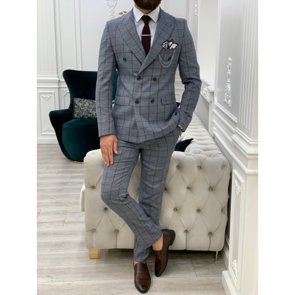 Lonatolia Erkek Ekoseli Kruvaze Takım Elbise Italyan Kesim Slim Fit Ceket Pantolon-Buz Mavisi Erkek Takım Elbise Fiyatı
