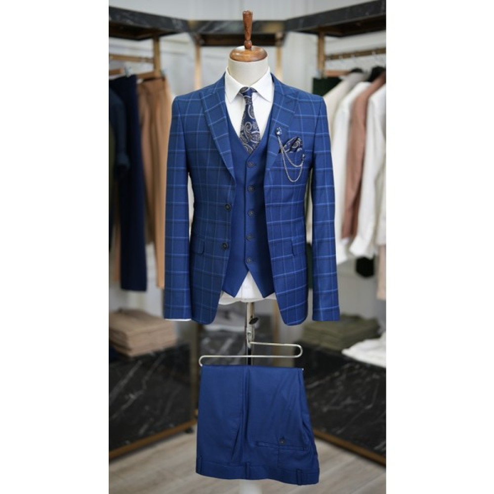 Lonatolia Erkek Ekoseli Takım Elbise Kırlangıç Yaka Italyan Kesim Slim Fit Ceket Yelek Pantolon-Lacivert Erkek Takım Elbise Fiyatı