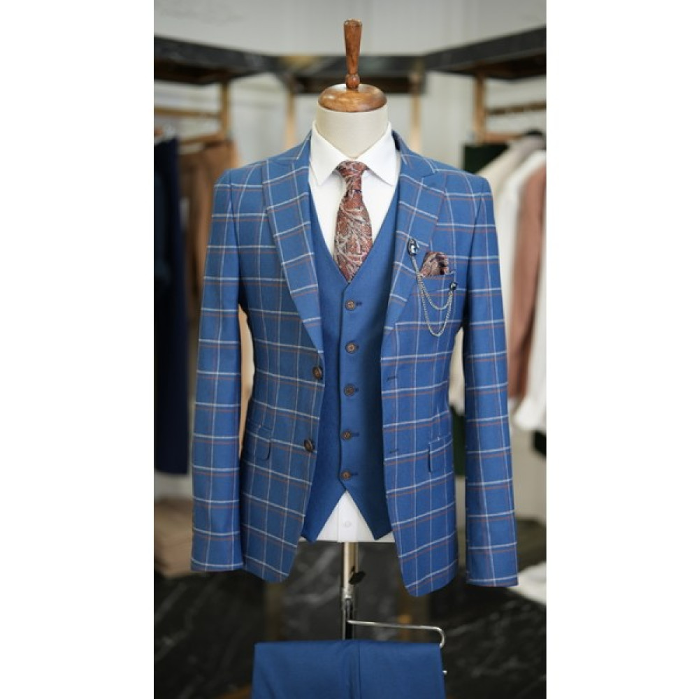 Lonatolia Erkek Ekoseli Takım Elbise Kırlangıç Yaka Italyan Kesim Slim Fit Ceket Yelek Pantolon-Mavi Erkek Takım Elbise Fiyatı