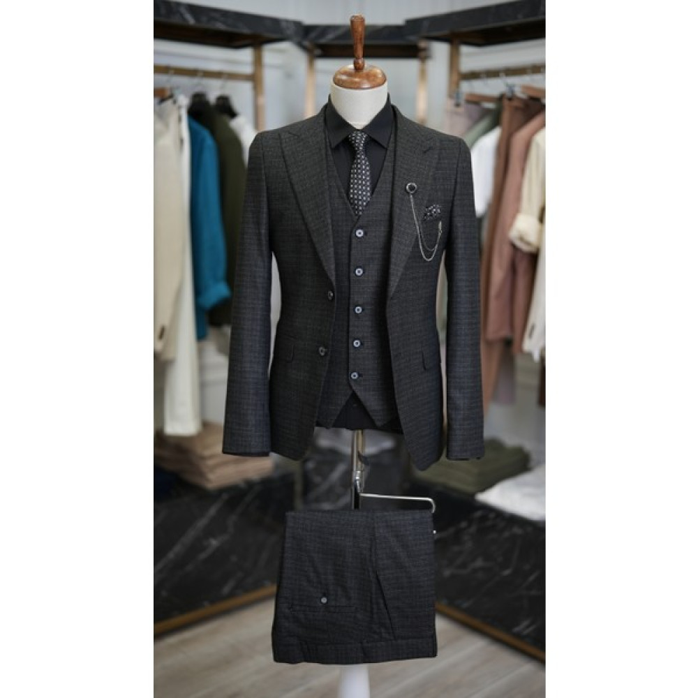 Lonatolia Erkek Kırçıllı Takım Elbise Italyan Kesim Slim Fit Ceket Yelek Pantolon-Siyah Erkek Takım Elbise Fiyatı