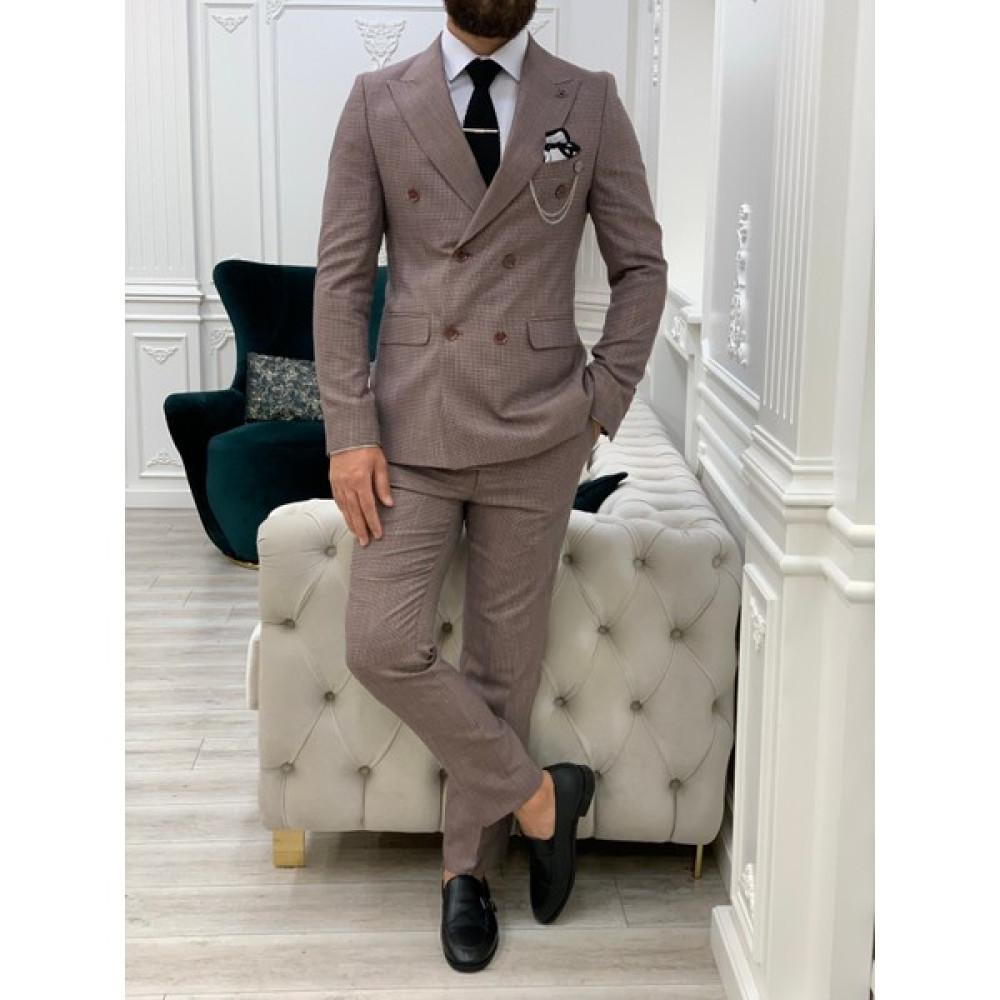 Lonatolia Erkek Kruvaze Takım Elbise Italyan Kesim Slim Fit Ceket Pantolon-Bordo Erkek Takım Elbise Fiyatı