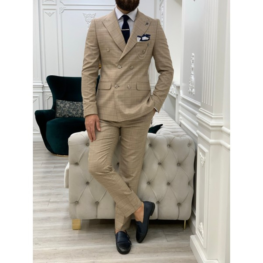 Lonatolia Erkek Kruvaze Takım Elbise Italyan Kesim Slim Fit Ceket Pantolon-Sarı Erkek Takım Elbise Fiyatı