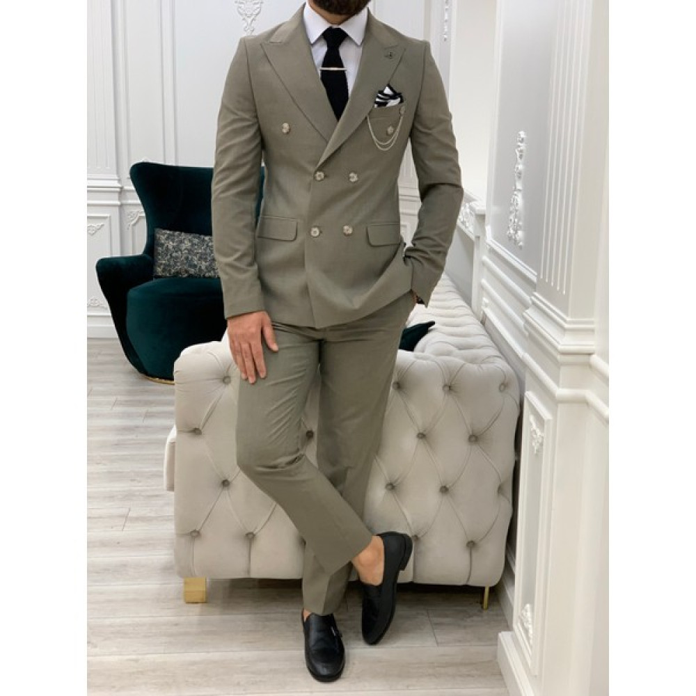 Lonatolia Erkek Kruvaze Takım Elbise Italyan Kesim Slim Fit Ceket Pantolon-Sütlü Kahve Erkek Takım Elbise Fiyatı