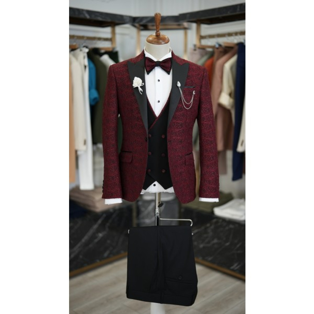 Lonatolia Erkek Smokin Damatlık Jakarlı Kırlangıç Yaka Italyan Kesim Slim Fit Ceket Yelek Pantolon Papyon-Bordo Erkek Takım Elbise Fiyatı