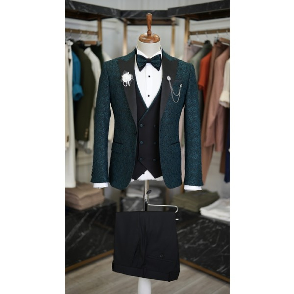 Lonatolia Erkek Smokin Damatlık Jakarlı Kırlangıç Yaka Italyan Kesim Slim Fit Ceket Yelek Pantolon Papyon-Yeşil Erkek Takım Elbise Fiyatı