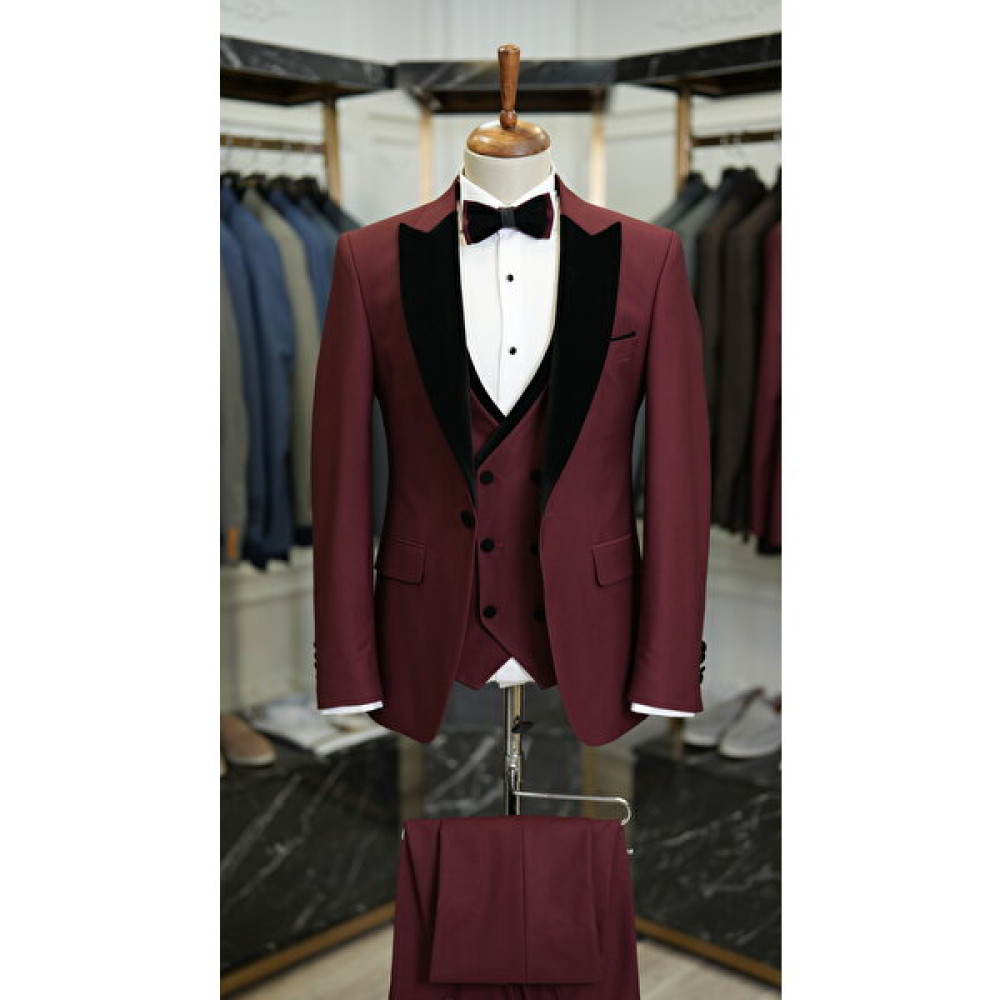 Lonatolia Erkek Smokin Damatlık Kadife Kırlangıç Yaka Italyan Stil Slim Fit Ceket Yelek Pantolon Papyon-Bordo Erkek Takım Elbise Fiyatı