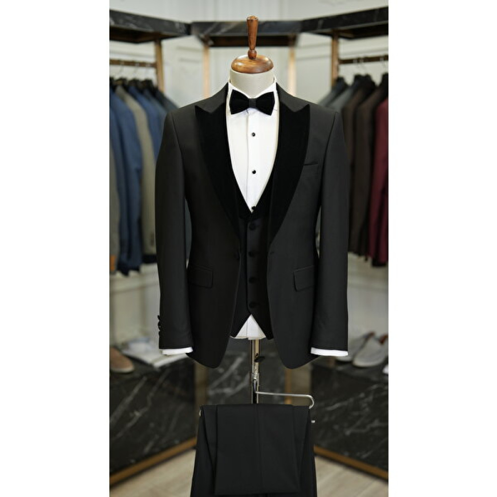 Lonatolia Erkek Smokin Damatlık Kadife Kırlangıç Yaka Italyan Stil Slim Fit Ceket Yelek Pantolon Papyon-Siyah Erkek Takım Elbise Fiyatı