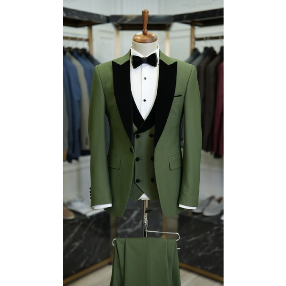 Lonatolia Erkek Smokin Damatlık Kadife Kırlangıç Yaka Italyan Stil Slim Fit Ceket Yelek Pantolon Papyon-Yeşil Erkek Takım Elbise Fiyatı