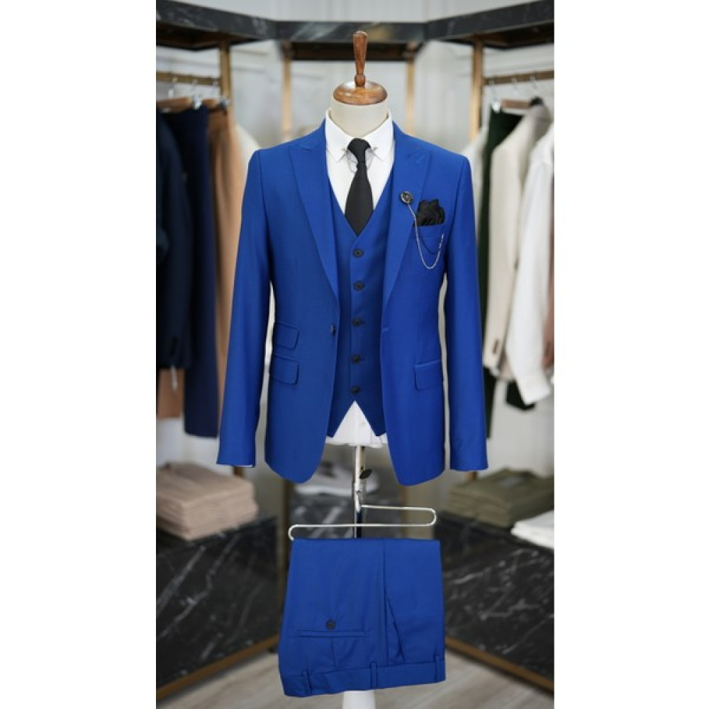 Lonatolia Erkek Takım Elbise Italyan Kesim Slim Fit Ceket Yelek Pantolon-Saks Mavisi Erkek Takım Elbise Fiyatı