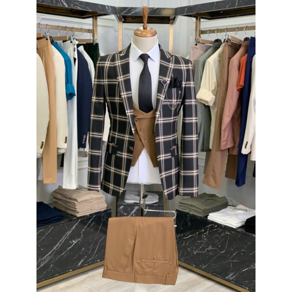 Lonatolia Erkek Takım Elbise Kombinli Italyan Kesim Slim Fit Ceket Yelek Pantolon-Siyah Erkek Takım Elbise Fiyatı