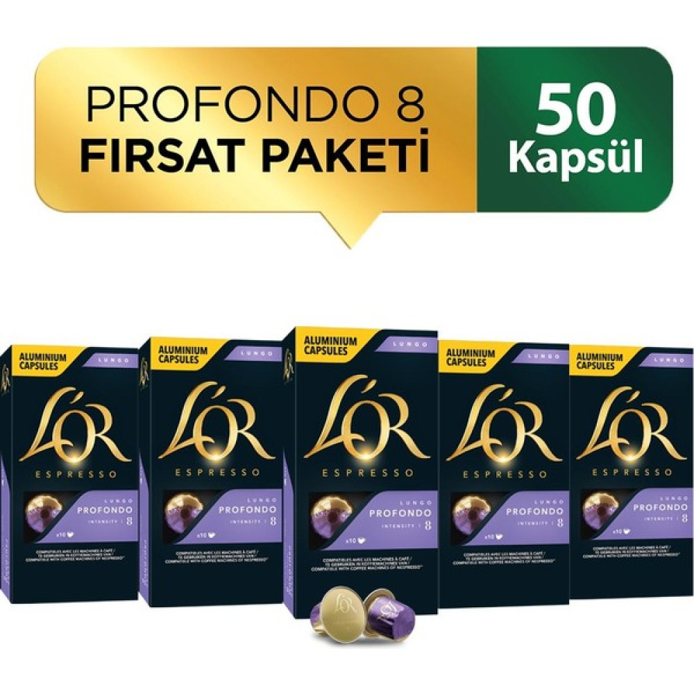 L'OR Lungo Profondo Intensity 8 Nespresso Uyumlu Kapsül Kahve Fırsat Paketi 10 Adet x 5 Paket - 50 Adet Diğer Fiyatı