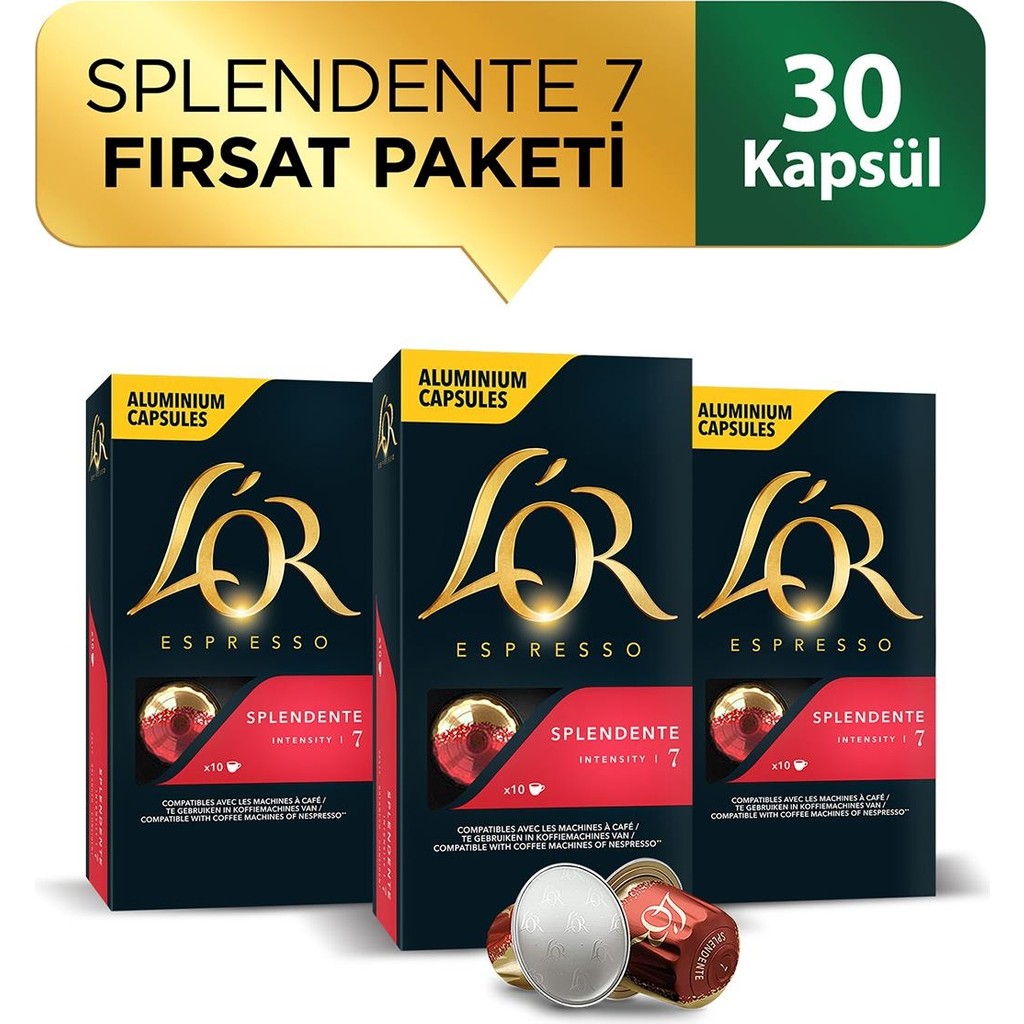 L'OR Splendente Intensity 7 Nespresso Uyumlu Alüminyum Kapsül Kahve Fırsat Paketi 10 Adet x 3 Paket - 30 Adet Diğer Fiyatı