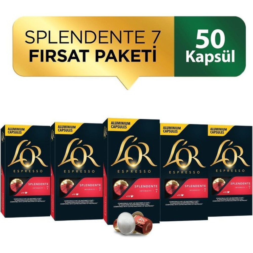 L'OR Splendente Intensity 7 Nespresso Uyumlu Alüminyum Kapsül Kahve Fırsat Paketi 10 Adet x 5 Paket - 50 Adet Diğer Fiyatı