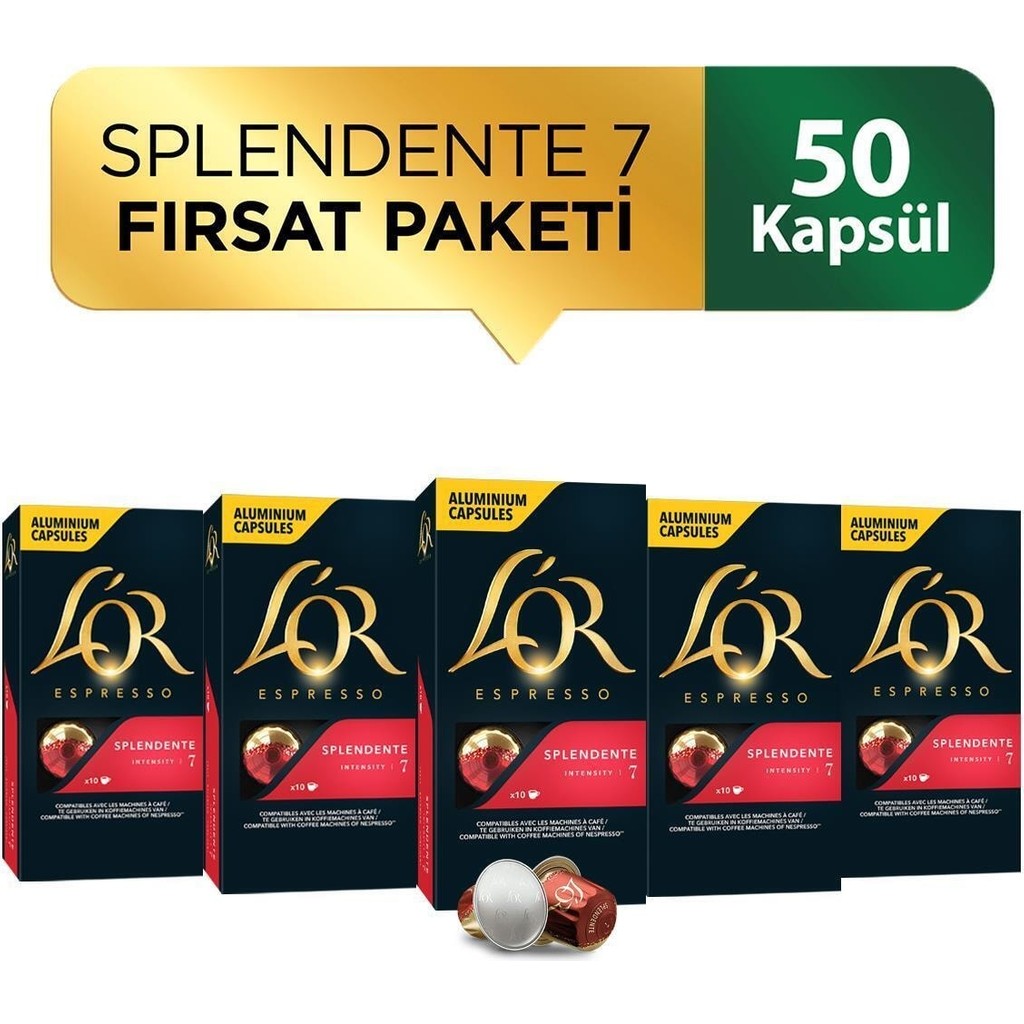 L'OR Splendente Intensity 7 Nespresso Uyumlu Alüminyum Kapsül Kahve Fırsat Paketi 10 Adet x 5 Paket - 50 Adet Diğer Fiyatı