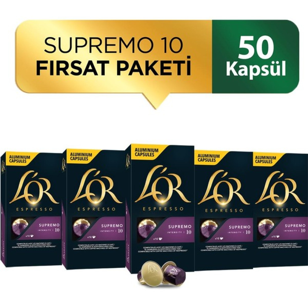 L'OR Supremo Intensity 10 Nespresso Uyumlu Kapsül Kahve Fırsat Paketi 10 Adet x 5 Paket - 50 Adet Diğer Fiyatı