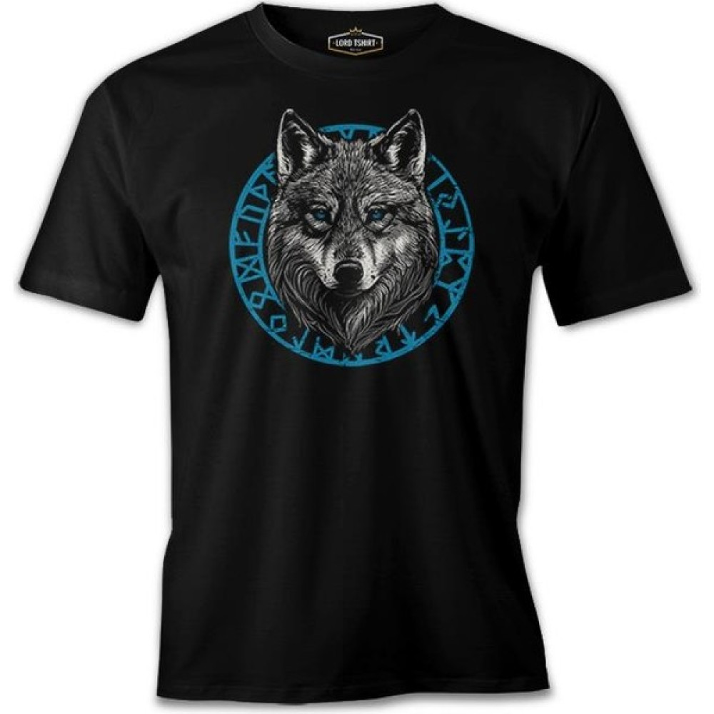 Lord T-Shirt A Wolf With A Blue Circular Viking Logo Background Siyah Erkek Tshirt Erkek T-shirt Fiyatı