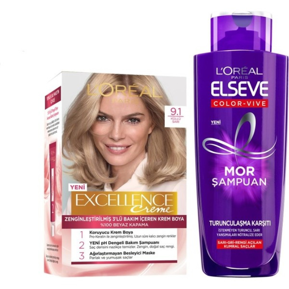 L'oréal Paris Elseve Turunculaşma Karşıtı Mor Şampuan 200ML & Saç Boyası - Excellence Creme 9.1  Şampuan ve Saç Kremi Fiyatı