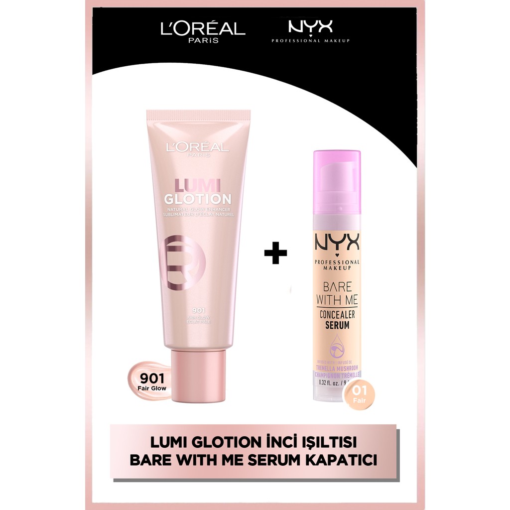 L'oréal Paris Glotion All-In-One Doğal Işıltı 901 - Fair Glow & Nyx Professional Makeup Bare With Me Concealer Serum Ikilisi - Fair 1C Aydınlatıcı Fiyatı