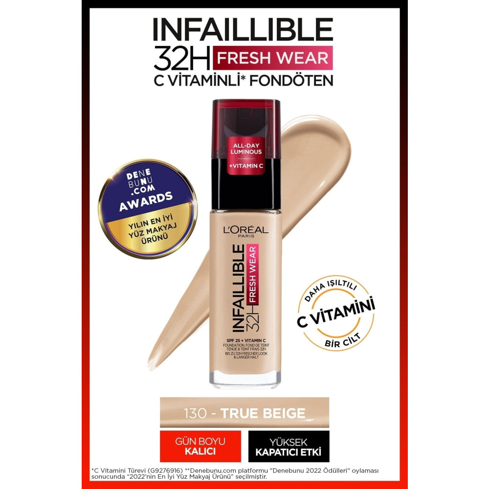 LOreal Paris LOréal Paris Infaillible 32H Fresh Wear C Vitaminli Fondöten - 130 True Beige Fondötenler Fiyatı