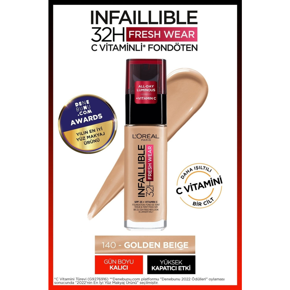LOreal Paris LOréal Paris Infaillible 32H Fresh Wear C Vitaminli Fondöten - 140 Golden Beige Fondötenler Fiyatı